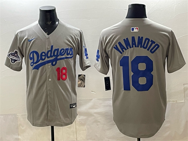 Men's Grey Los Angeles Dodgers #18 Yoshinobu Yamamoto 2025 World Series Champions Patch Limited Stitched Baseball Jersey